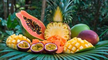 A variety of tropical fruits are arranged on a plate photo