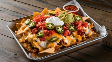 A tray of nachos with toppings and a dip photo