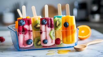 Fruit popsicles with blueberries, kiwis, and oranges photo