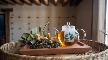 A basket with a tea pot and a plant on it photo