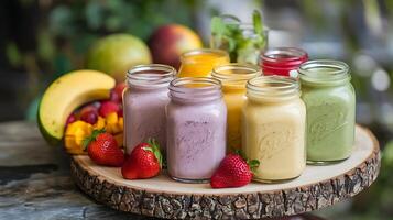 A wooden tray with several jars of smoothies photo