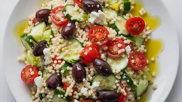 A plate of couscous salad with tomatoes, cucumbers and olives photo