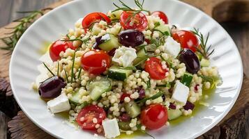 A plate of couscous salad with tomatoes, cucumbers and herbs photo