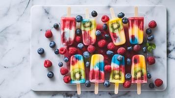 Colorful popsicles with berries and kiwi on a marble tray photo