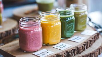 A group of different colored smoothies on a wooden tray photo