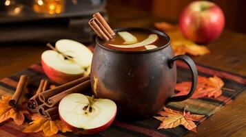 A mug of apple cider with cinnamon sticks and apples photo