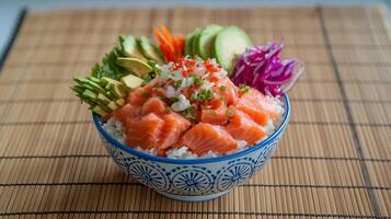 Salmon sushi bowl with avocado, cucumber, and red onion photo
