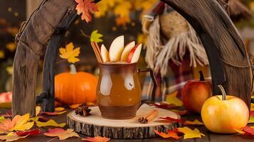 A pumpkin and apple cider in a jug on a table with autumn leaves photo