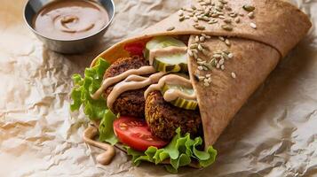 A wrap with vegetables and sauce on it photo