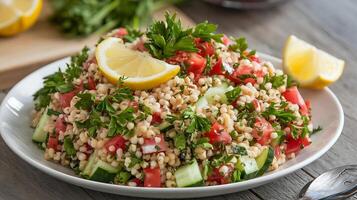 A plate of couscous salad with lemon and cucumbers photo