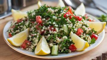 A plate of couscous salad with lemon slices and tomatoes photo
