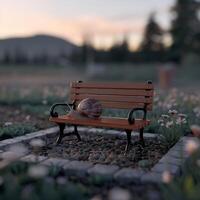 A bench with a snail on it sitting in a field photo