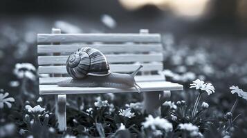 A snail is sitting on a bench in a field photo