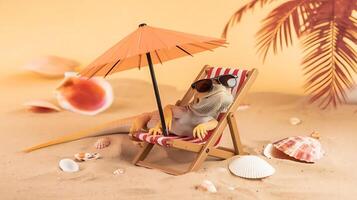 A toy lizard sitting in a beach chair with an umbrella photo