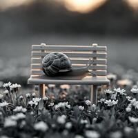 A snail sits on a bench in a field photo