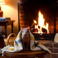 A rat sitting on a stool in front of a fireplace photo