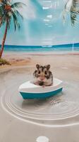 A hamster in a boat on a beach with palm trees photo