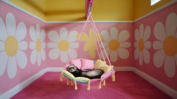 A cat is sitting in a swing in a room photo