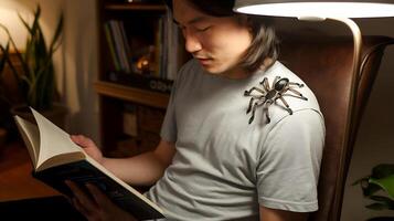 A man reading a book while holding a spider on his shoulder photo