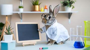 A rabbit in a lab coat and glasses is holding a chalkboard photo