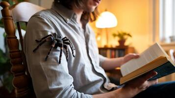 A man is reading a book with a spider on his arm photo