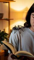 A man reading a book with a spider on his shoulder photo