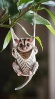 A sugar glider hanging from a tree branch photo