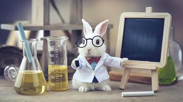 A rabbit in a lab coat and glasses stands next to a chalkboard photo