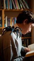 A man reading a book with a spider on his shoulder photo