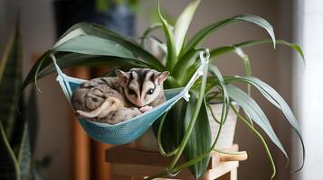 A sugar glider in a hammock on a wooden table photo