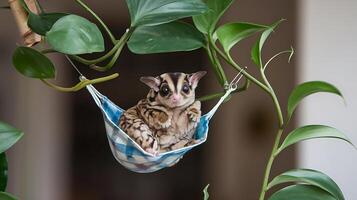 A small animal sitting in a hammock on a plant photo