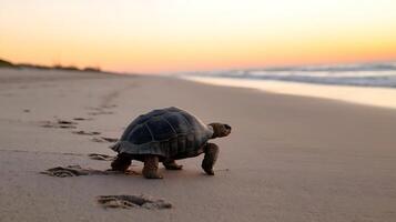 A turtle walking on the beach at sunset photo