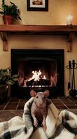 A rat sitting on a blanket in front of a fireplace photo