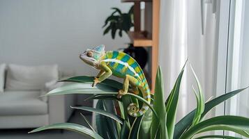 A chameleon lizard sitting on top of a plant photo