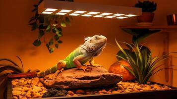 A lizard is sitting on a rock in a tank photo