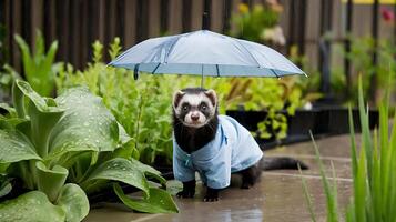 A ferret in a blue jacket and umbrella photo