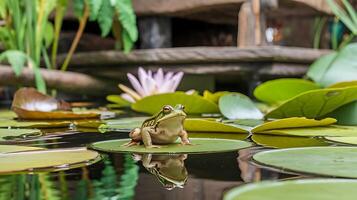 A frog sitting on top of a pond with lily pads photo