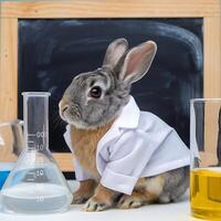 A rabbit wearing a lab coat and glasses sits in front of a beaker photo