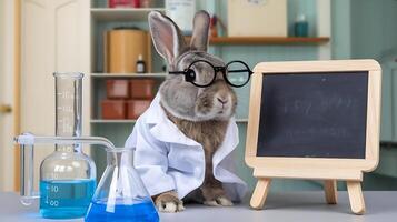 A rabbit wearing glasses and a lab coat is standing in front of a chalkboard photo