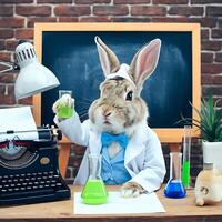 A rabbit in a lab coat holding a test tube photo