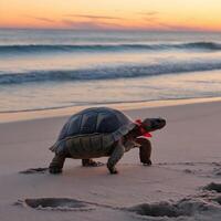 A tortoise with a red band on its neck walking on the beach photo