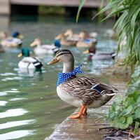 A duck wearing a blue and white polka dot tie photo