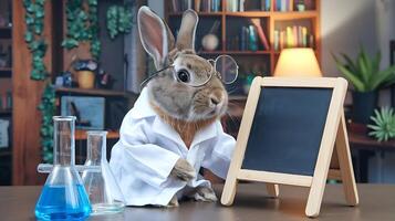 A rabbit in a lab coat and glasses is holding a chalkboard photo