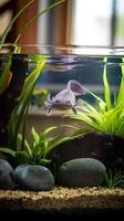 A purple fish swimming in an aquarium with plants and rocks photo