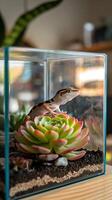 A lizard is sitting in a glass container photo