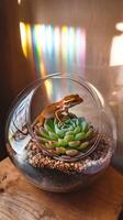 A lizard in a glass bowl with a rainbow light photo