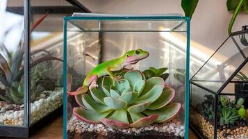 A lizard is sitting in a glass container photo