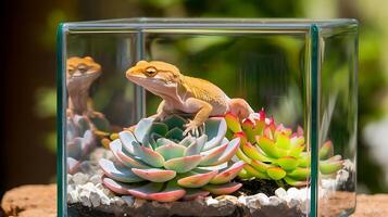 A lizard in a glass container with succulents and other plants photo