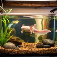 A fish in a tank with rocks and plants photo