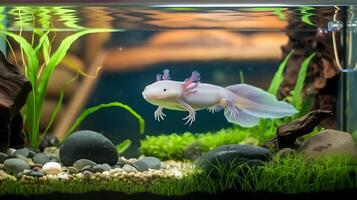 An axolotl fish in a tank with grass and rocks photo